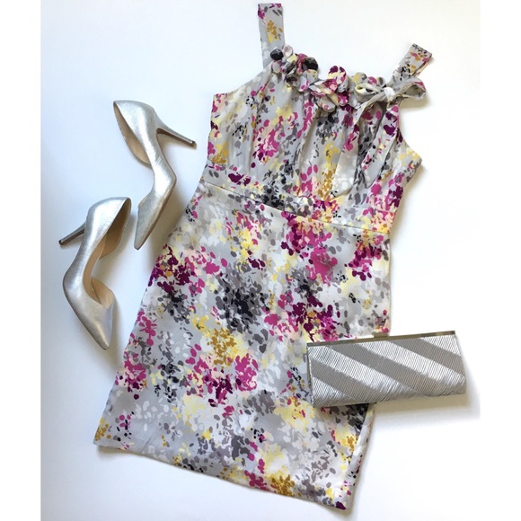 LOFT Dresses & Skirts - LOFT Grey & Pink Floral Ruffle Cocktail Dress